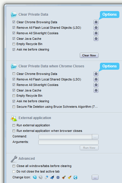 Click&Clean 'Options' window