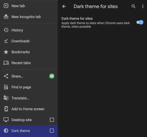 Google Chrome 96 Dark Theme Per-site Option
